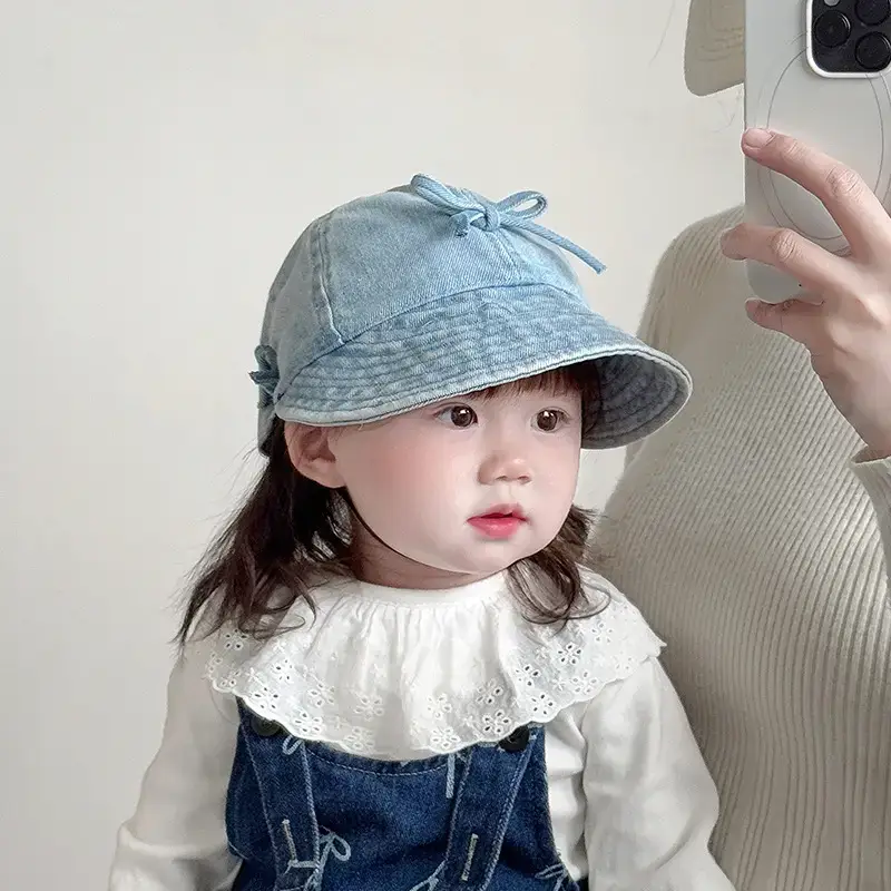Kids Denim Bucket Hat with Blue Bristle & Korean Bow — feature 1