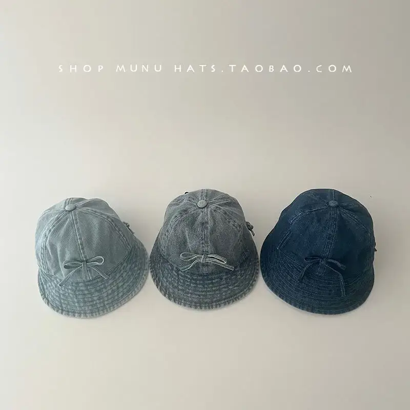 Kids Denim Bucket Hat with Blue Bristle & Korean Bow — feature 15