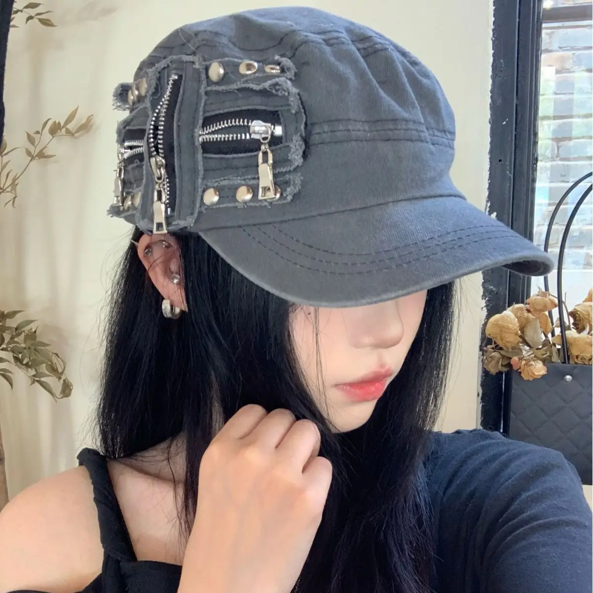 American Style Rivet Zipper Flat Cap Hat for Women - Image 7