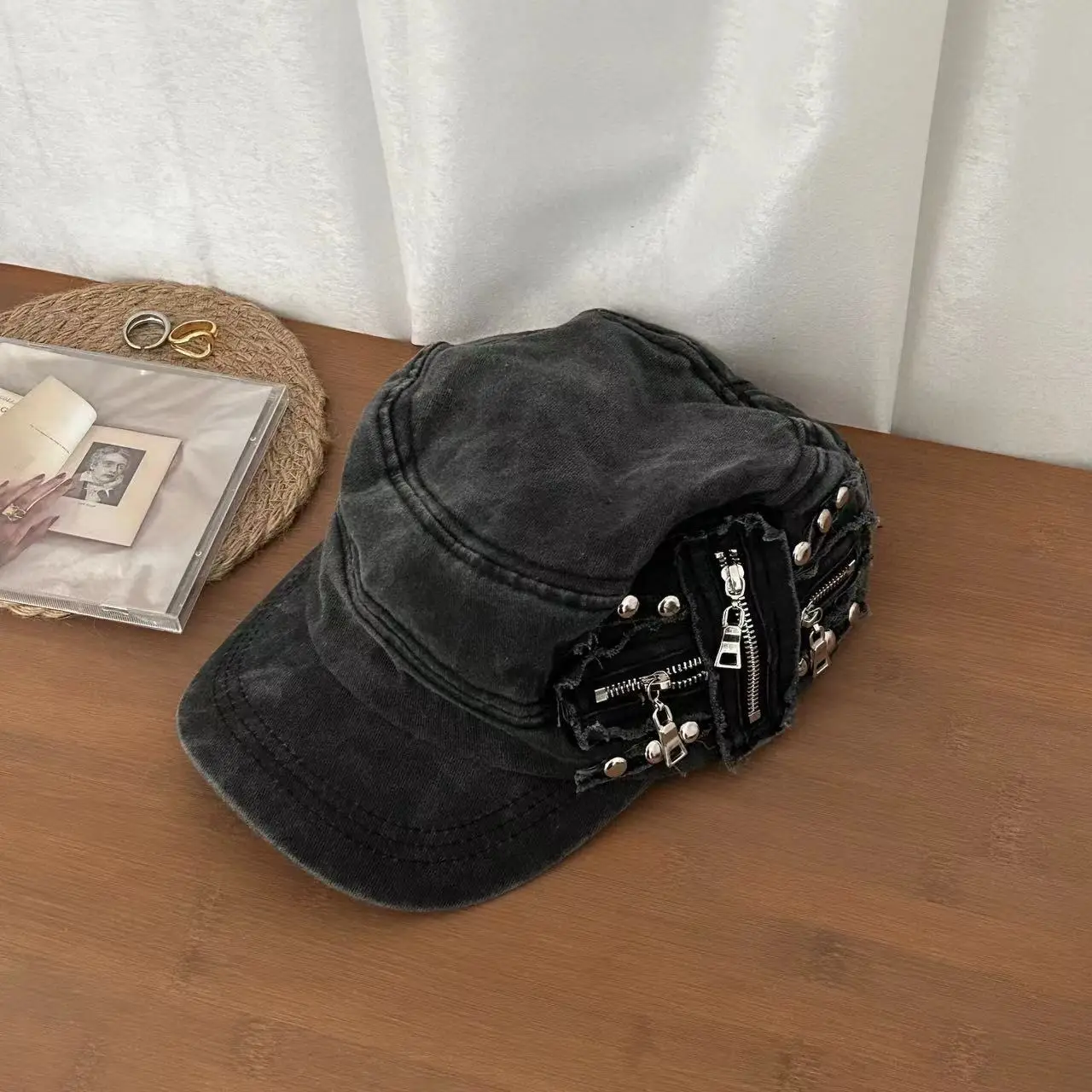 American Style Rivet Zipper Flat Cap Hat for Women - Image 2