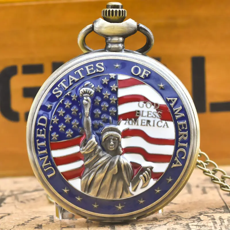 American Flag Quartz Pocket Watch with Statue Design - Image 2