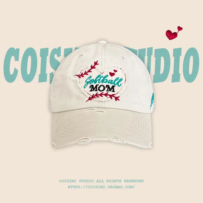 Red Korean Love Embroidered Mom Cap for Women