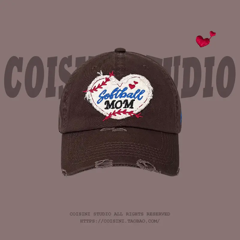 Red Korean Love Embroidered Mom Cap for Women