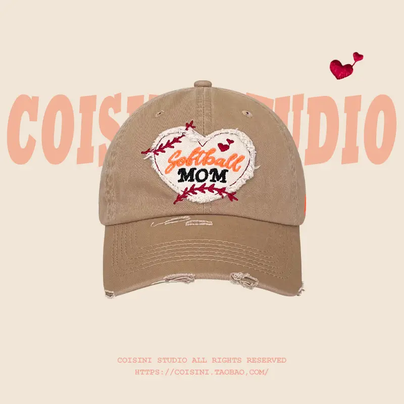 Red Korean Love Embroidered Mom Cap for Women