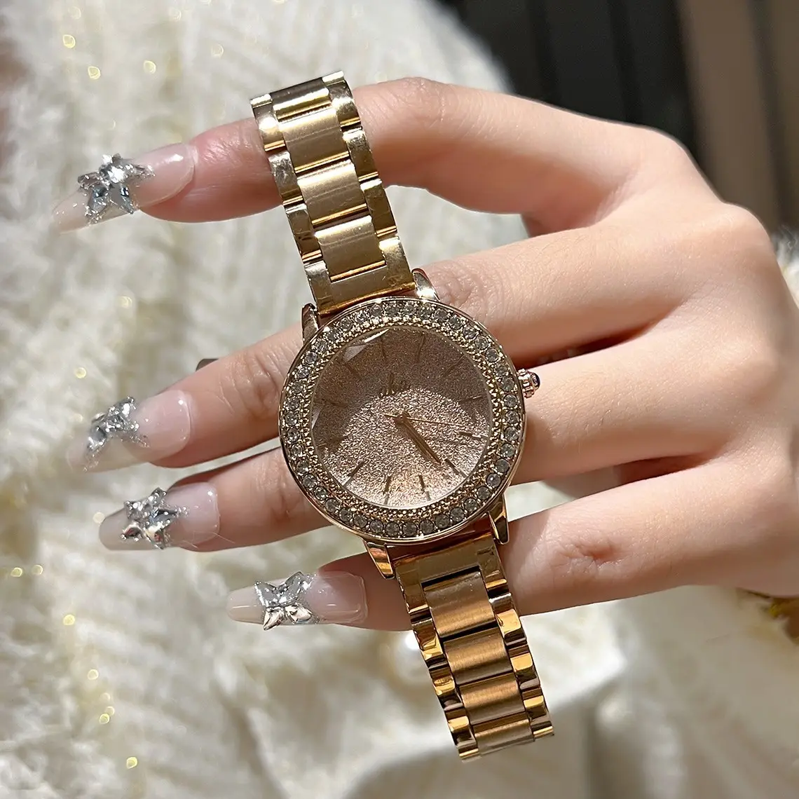 Gold Rhinestone Ladies Wrist Watch Waterproof Quartz - Image 4