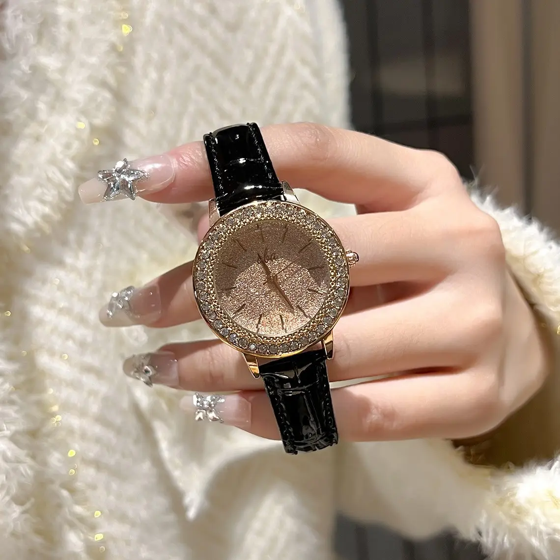Gold Rhinestone Ladies Wrist Watch Waterproof Quartz - Image 3