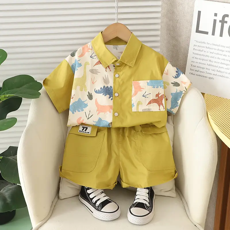 2025 New Summer Boys Tie Shirt Shorts Suit Yellow - Image 4
