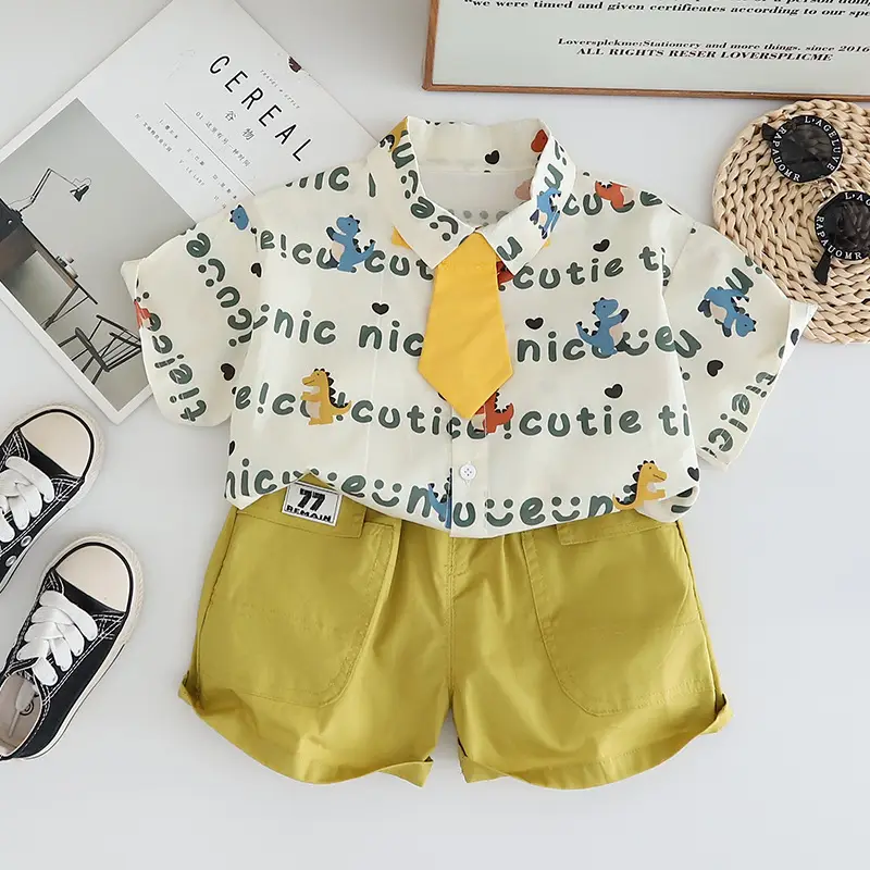 2025 New Summer Boys Tie Shirt Shorts Suit Yellow โ feature 12