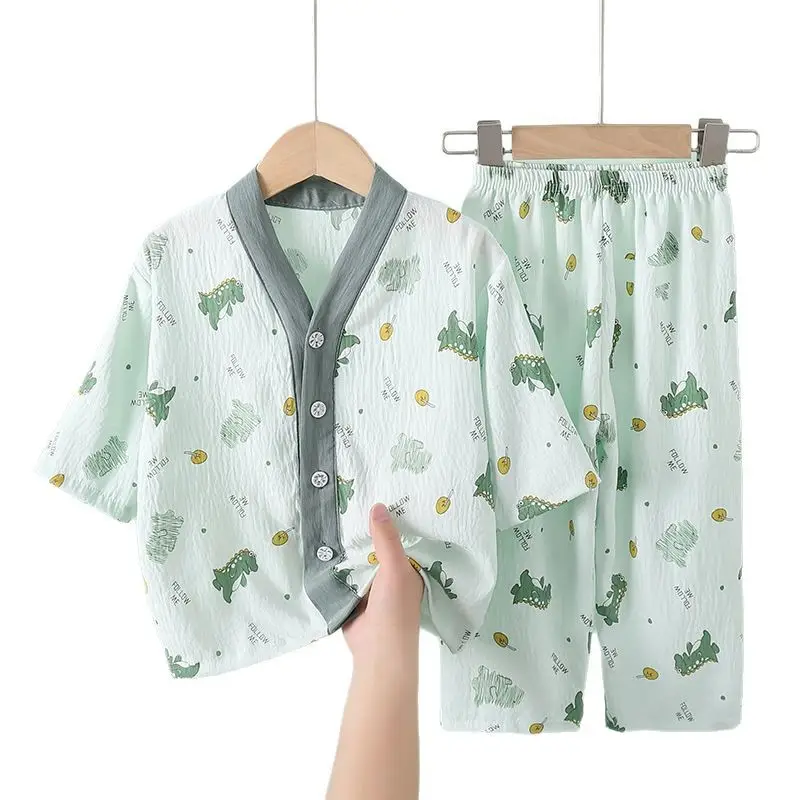 Summer Children's Pajamas Cardigan Thin Clouds Cotton Boys Boys Girls Baby Air Conditioning Home Clothes suit New Style