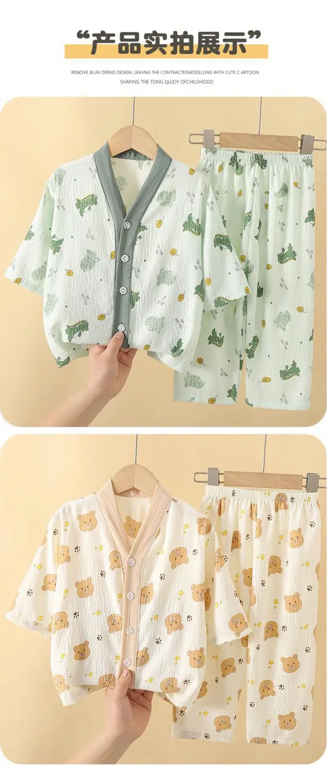 Summer Children's Pajamas Cardigan Thin Clouds Cotton Boys Boys Girls Baby Air Conditioning Home Clothes suit New Style — feature 14
