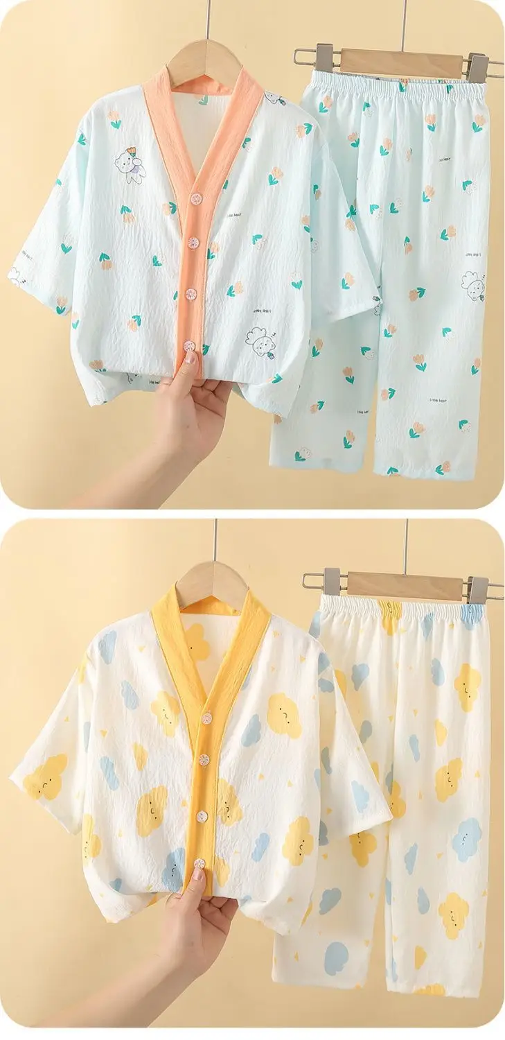 Summer Children's Pajamas Cardigan Thin Clouds Cotton Boys Boys Girls Baby Air Conditioning Home Clothes suit New Style — feature 15
