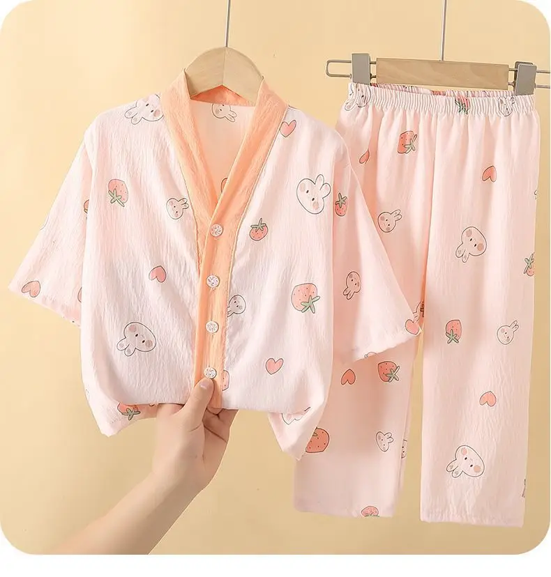 Summer Children's Pajamas Cardigan Thin Clouds Cotton Boys Boys Girls Baby Air Conditioning Home Clothes suit New Style — feature 16