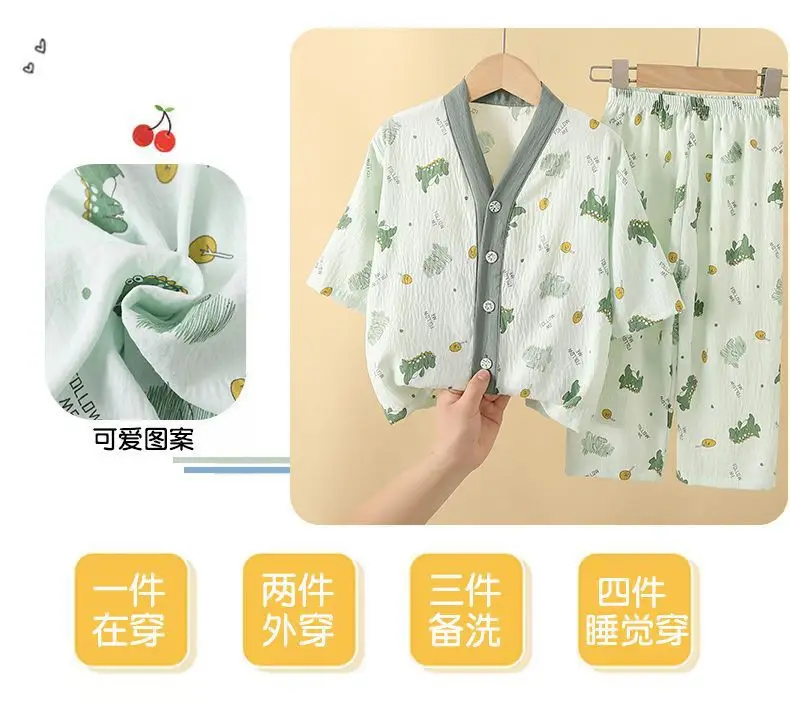 Summer Children's Pajamas Cardigan Thin Clouds Cotton Boys Boys Girls Baby Air Conditioning Home Clothes suit New Style — feature 5
