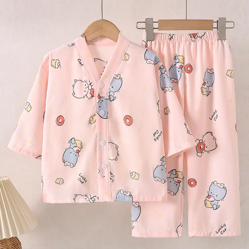 Summer Children's Pajamas Cardigan Thin Clouds Cotton Boys Boys Girls Baby Air Conditioning Home Clothes suit New Style