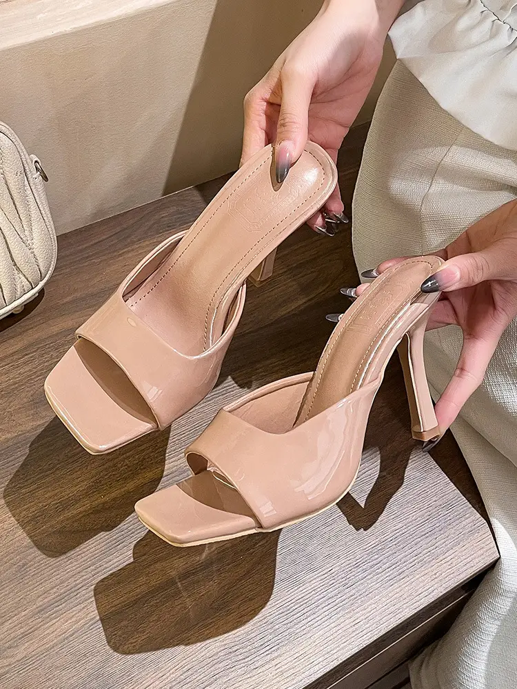 Summer Elegant Thin Heel Square Toe Open Toe Sexy Outer Wear One-word Sandals with Slippers Feet White Nude Color High Heel Sandals for Women — feature 2