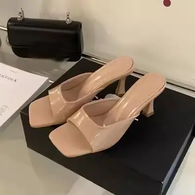 Summer Elegant Thin Heel Square Toe Open Toe Sexy Outer Wear One-word Sandals with Slippers Feet White Nude Color High Heel Sandals for Women — feature 5