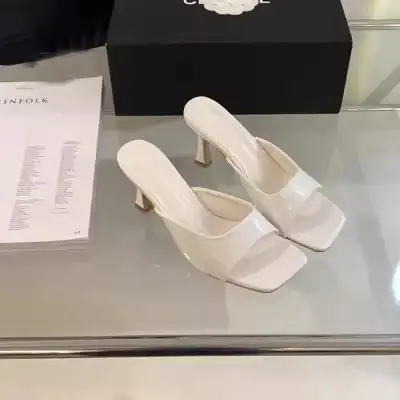 Summer Elegant Thin Heel Square Toe Open Toe Sexy Outer Wear One-word Sandals with Slippers Feet White Nude Color High Heel Sandals for Women — feature 7