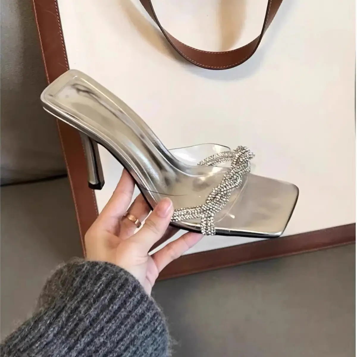 2025 Rhinestone Stiletto Slippers Silver Square Toe - Image 4