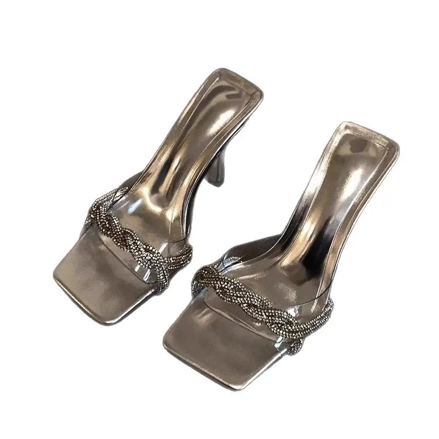 2025 Rhinestone Stiletto Slippers Silver Square Toe - Image 6