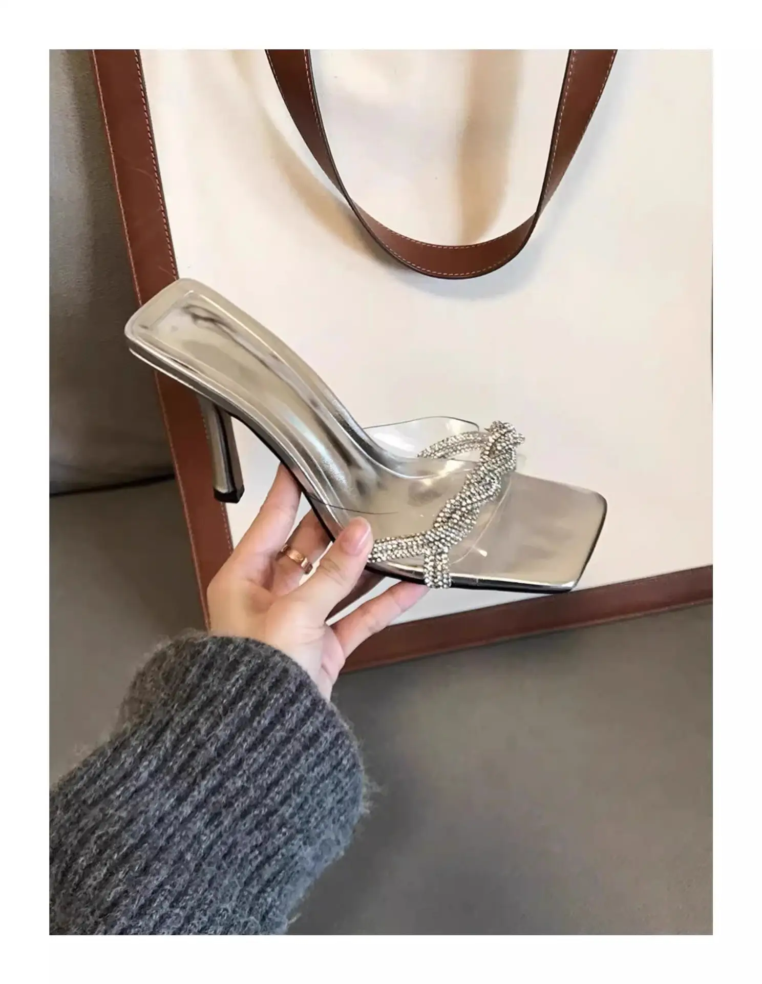 2025 Rhinestone Stiletto Slippers Silver Square Toe — feature 10