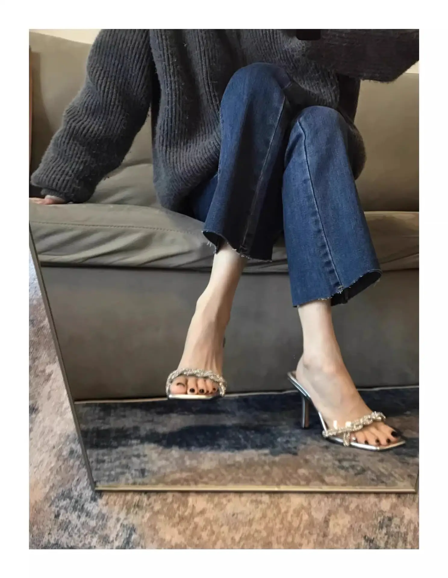 2025 Rhinestone Stiletto Slippers Silver Square Toe — feature 6
