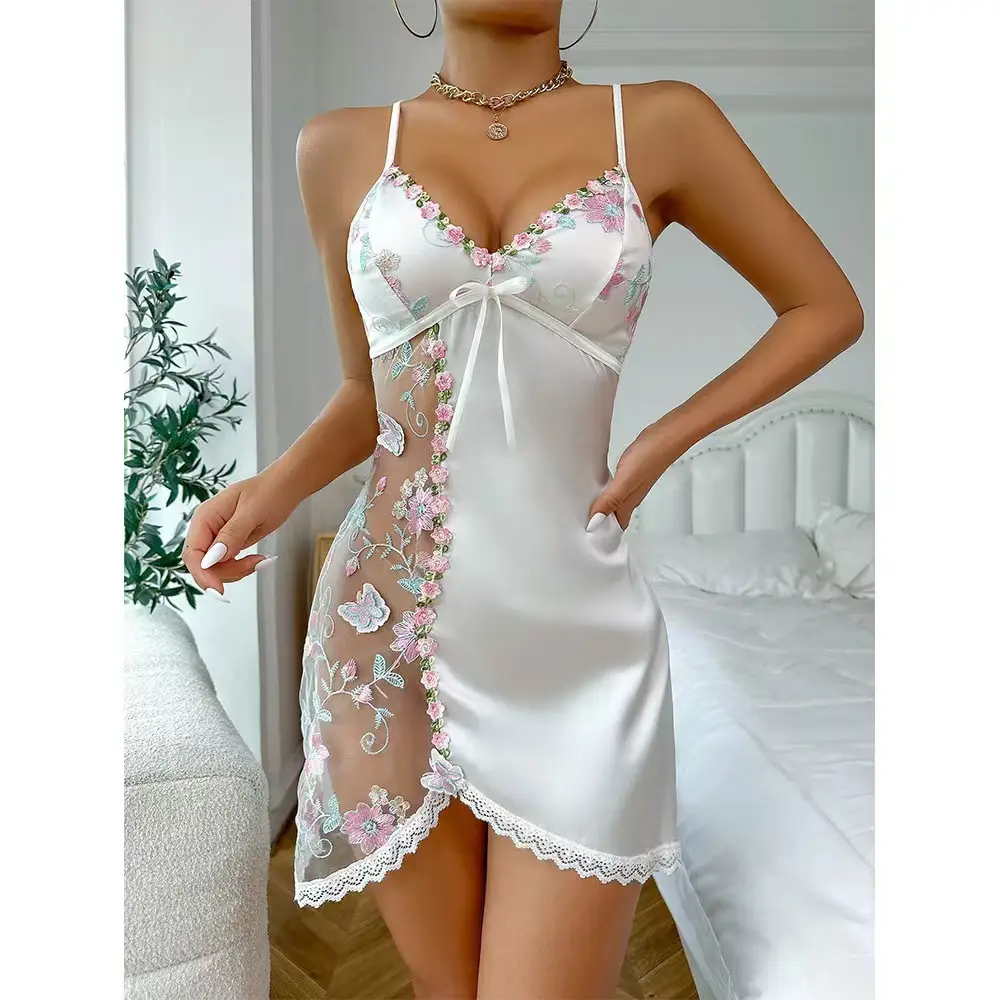 Foreign Trade European and American Style Sexy Lingerie Lace Embroidery See-Through Seductive Camisole Women's Nightdress and Panties Two-Piece Set