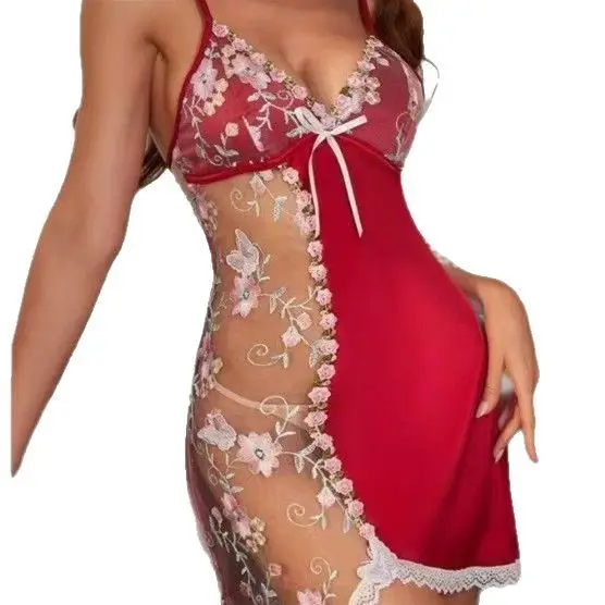 Foreign Trade European and American Style Sexy Lingerie Lace Embroidery See-Through Seductive Camisole Women's Nightdress and Panties Two-Piece Set
