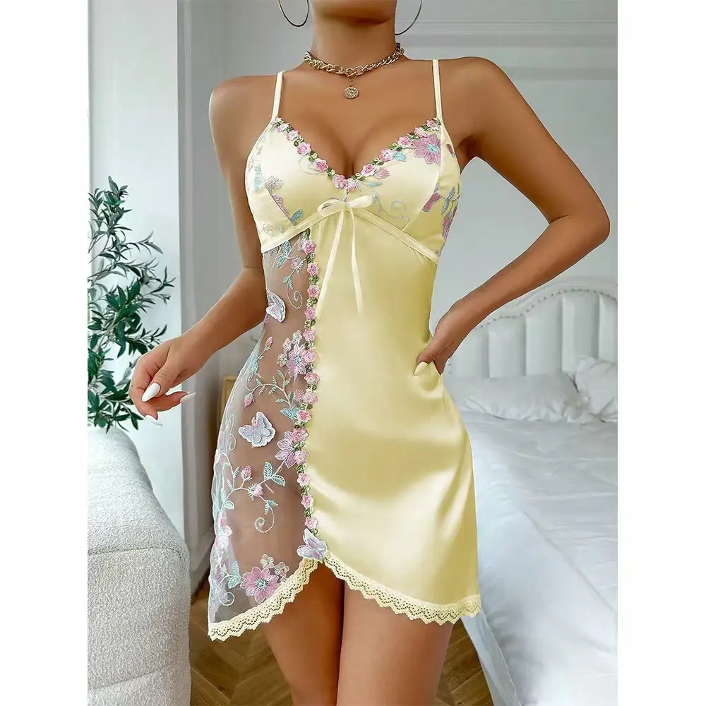 Foreign Trade European and American Style Sexy Lingerie Lace Embroidery See-Through Seductive Camisole Women's Nightdress and Panties Two-Piece Set — feature 1