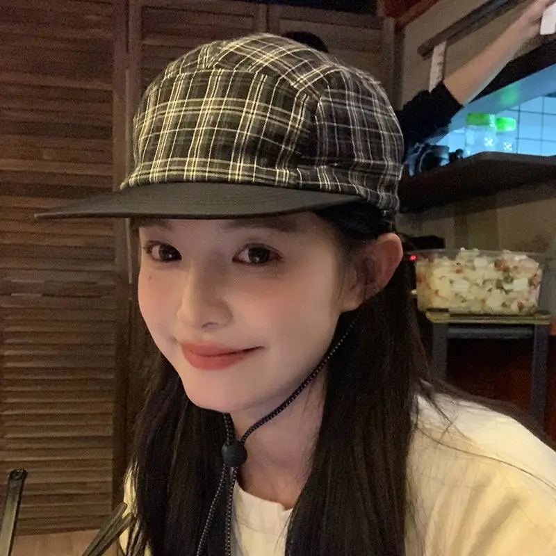 Women Plaid Drawstring Cap Sunshade Face Cover