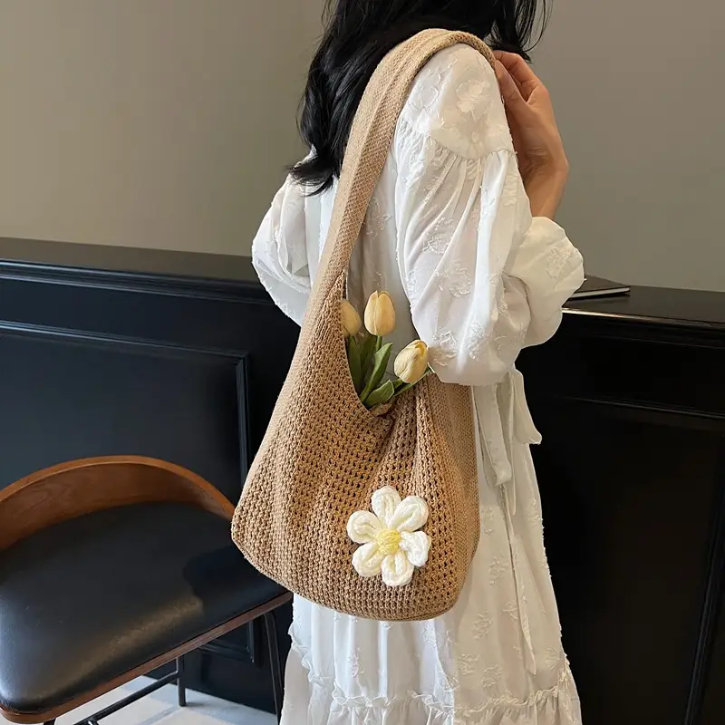 Women's Beige Woven Shoulder Bag with Flower Accent - Image 4