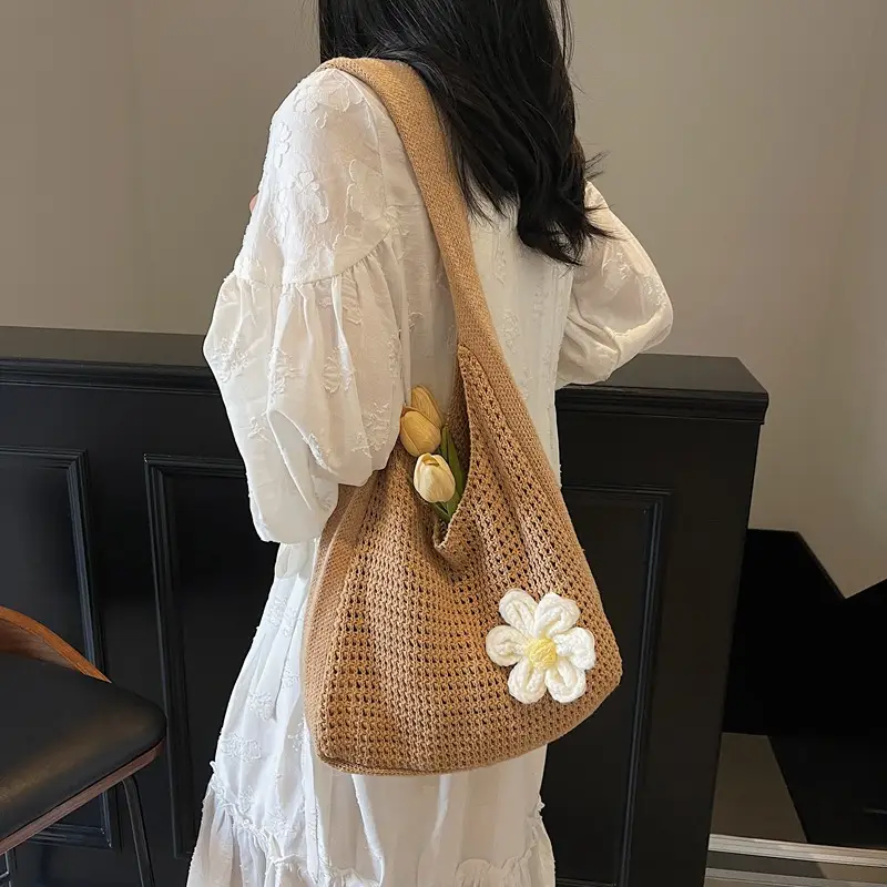 Women's Beige Woven Shoulder Bag with Flower Accent - Image 5
