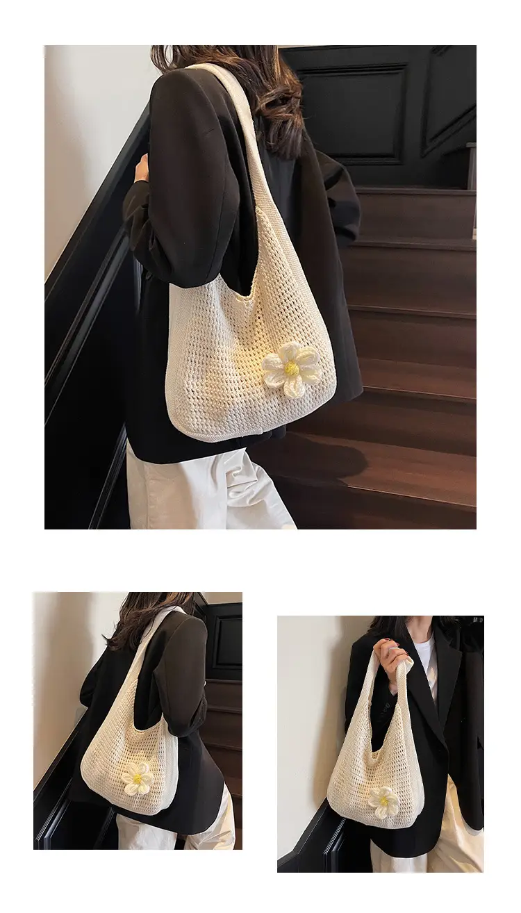Women's Beige Woven Shoulder Bag with Flower Accent — feature 10
