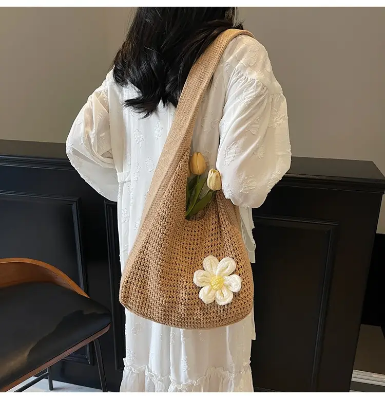 Women's Beige Woven Shoulder Bag with Flower Accent — feature 15