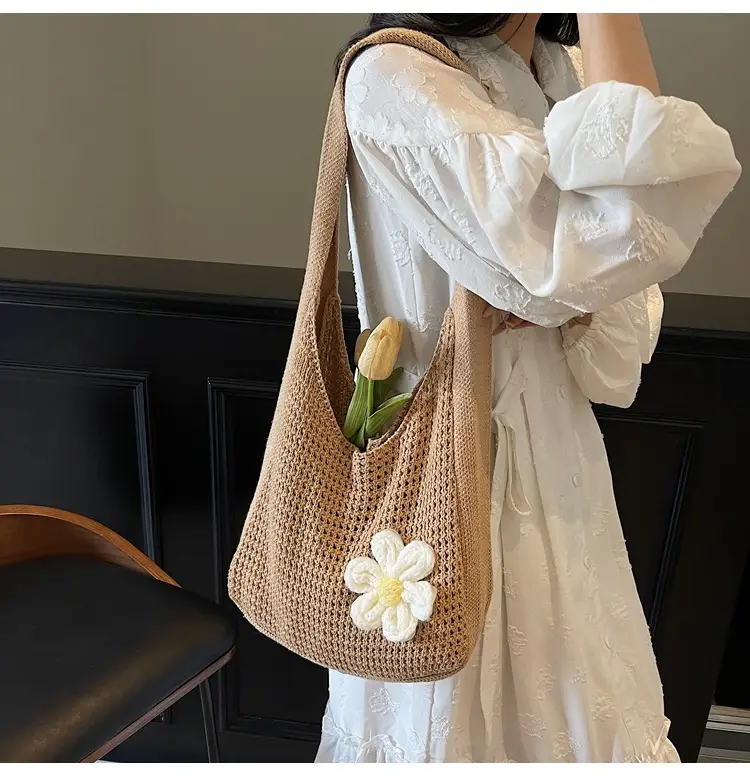Women's Beige Woven Shoulder Bag with Flower Accent — feature 16