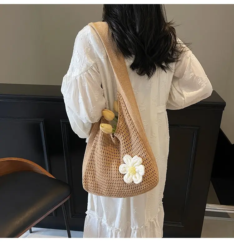 Women's Beige Woven Shoulder Bag with Flower Accent — feature 17