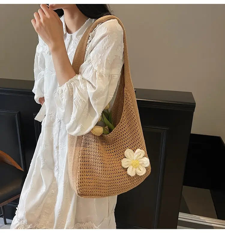 Women's Beige Woven Shoulder Bag with Flower Accent — feature 19