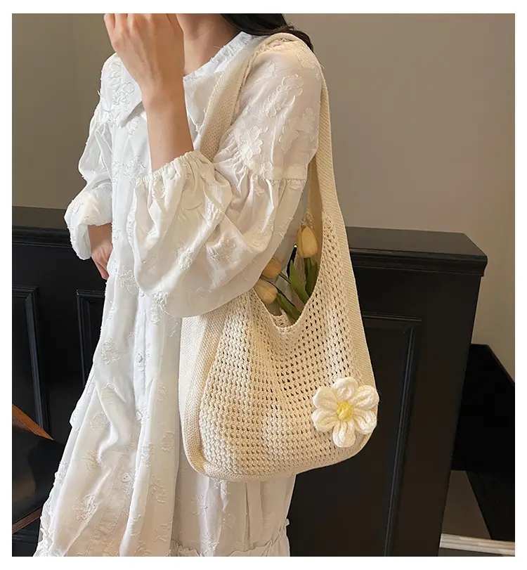 Women's Beige Woven Shoulder Bag with Flower Accent — feature 2