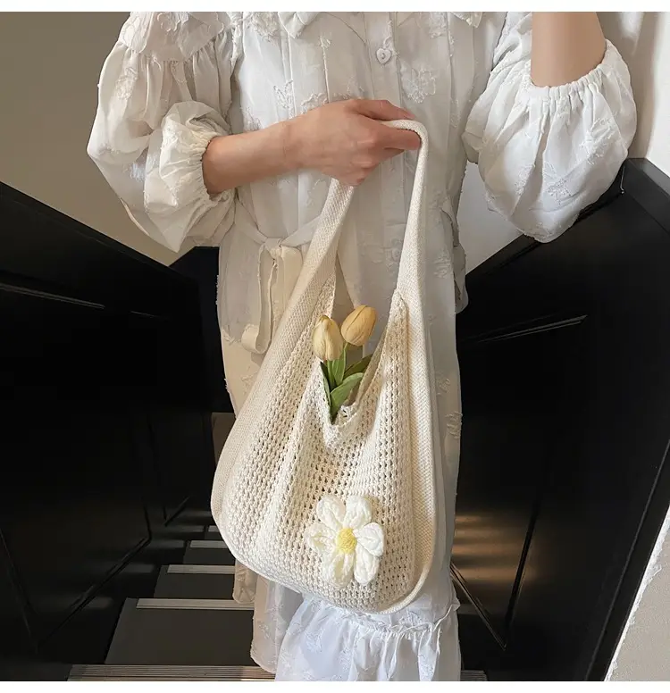 Women's Beige Woven Shoulder Bag with Flower Accent — feature 21