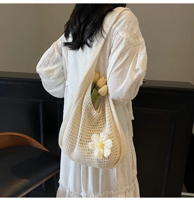 Women's Beige Woven Shoulder Bag with Flower Accent — feature 23