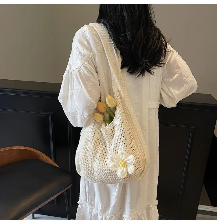 Women's Beige Woven Shoulder Bag with Flower Accent — feature 24