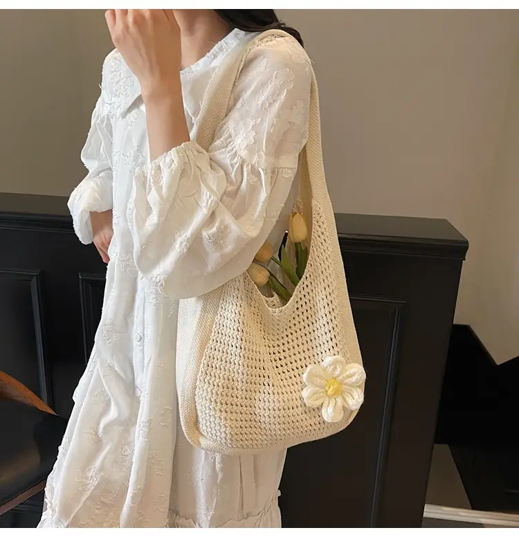 Women's Beige Woven Shoulder Bag with Flower Accent — feature 26