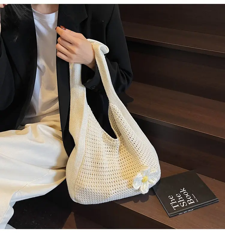 Women's Beige Woven Shoulder Bag with Flower Accent — feature 27