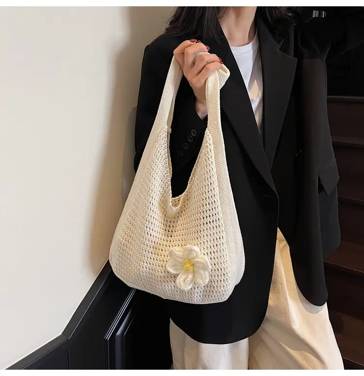 Women's Beige Woven Shoulder Bag with Flower Accent — feature 29