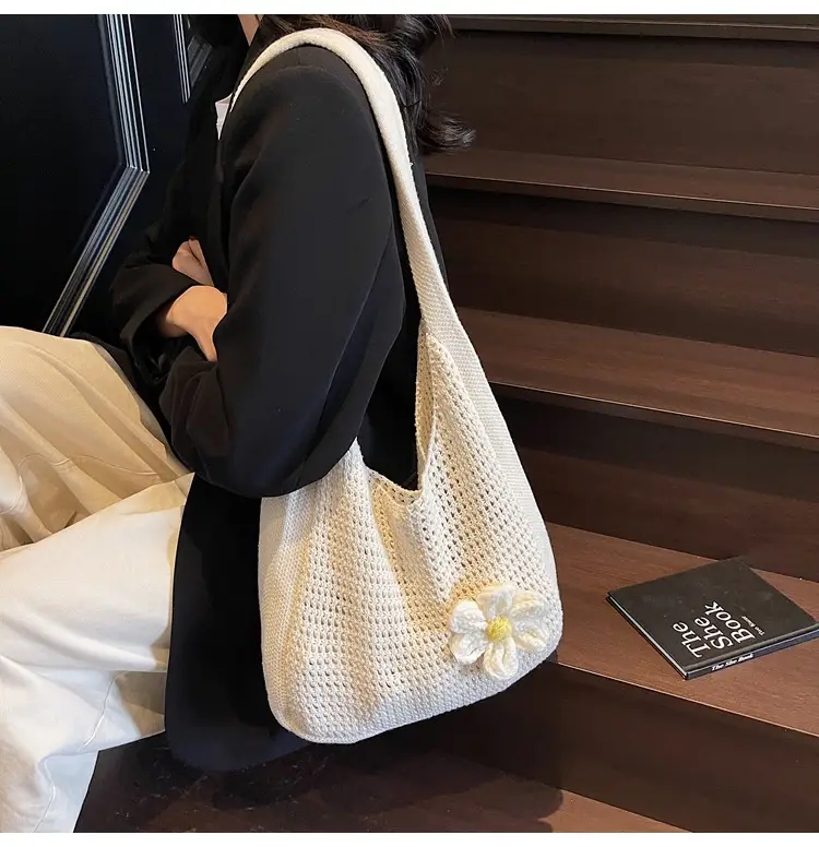 Women's Beige Woven Shoulder Bag with Flower Accent — feature 31