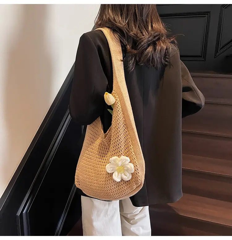 Women's Beige Woven Shoulder Bag with Flower Accent — feature 38
