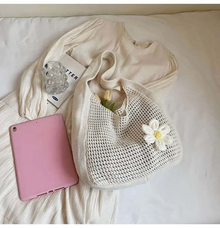 Women's Beige Woven Shoulder Bag with Flower Accent — feature 49