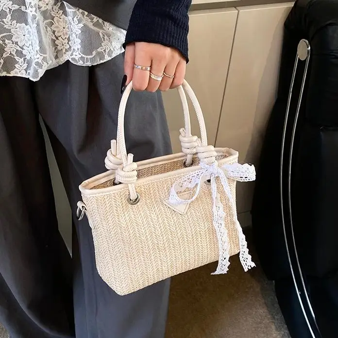 Straw Handbag with Lace Bow for Women - Image 5