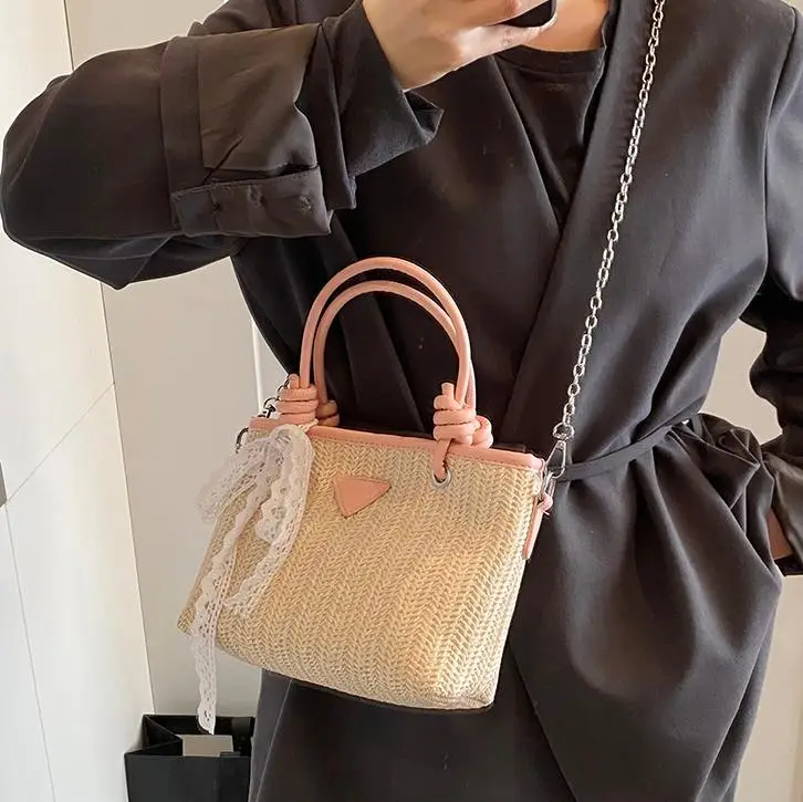 Straw Handbag with Lace Bow for Women - Image 6