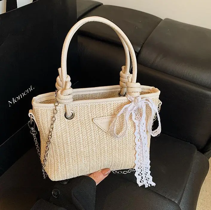 Straw Handbag with Lace Bow for Women - Image 7