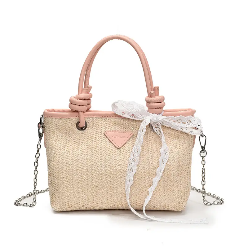 Straw Handbag with Lace Bow for Women - Image 8